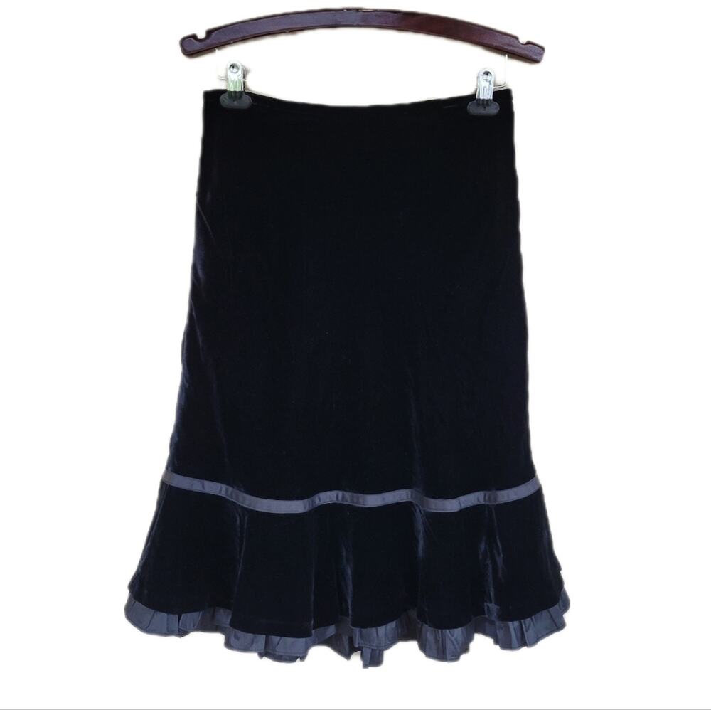 Loft Black Velvet & Silk Tiered Ruffle Flounce Hem Midi Formal Skirt sz 4